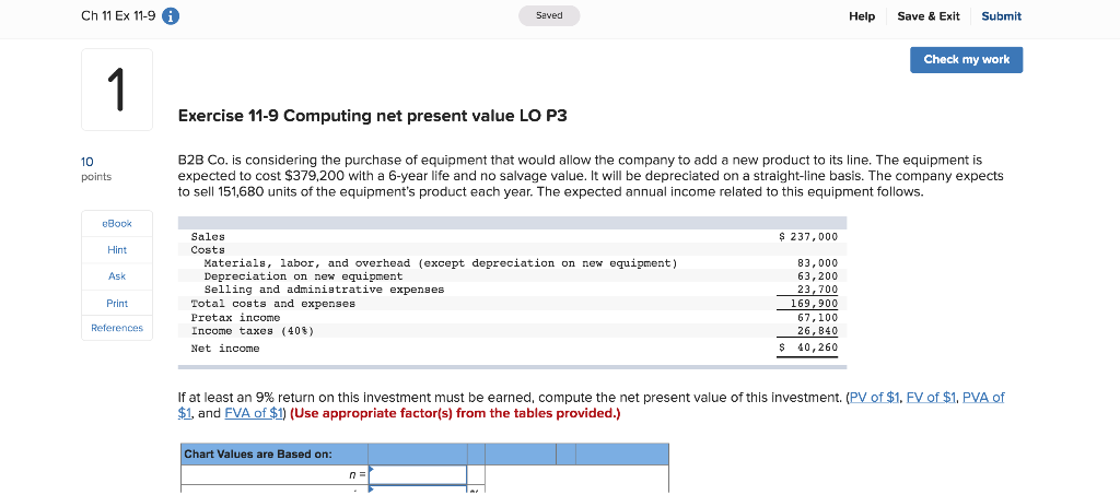  Ch 11 Ex 11-9 A Submit Saved Help Save & Exit