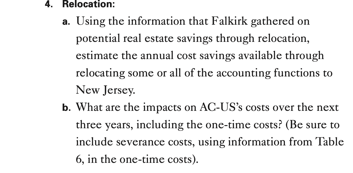 Questions A & B: Information: Tables: 4. Relocation: a. Using the information