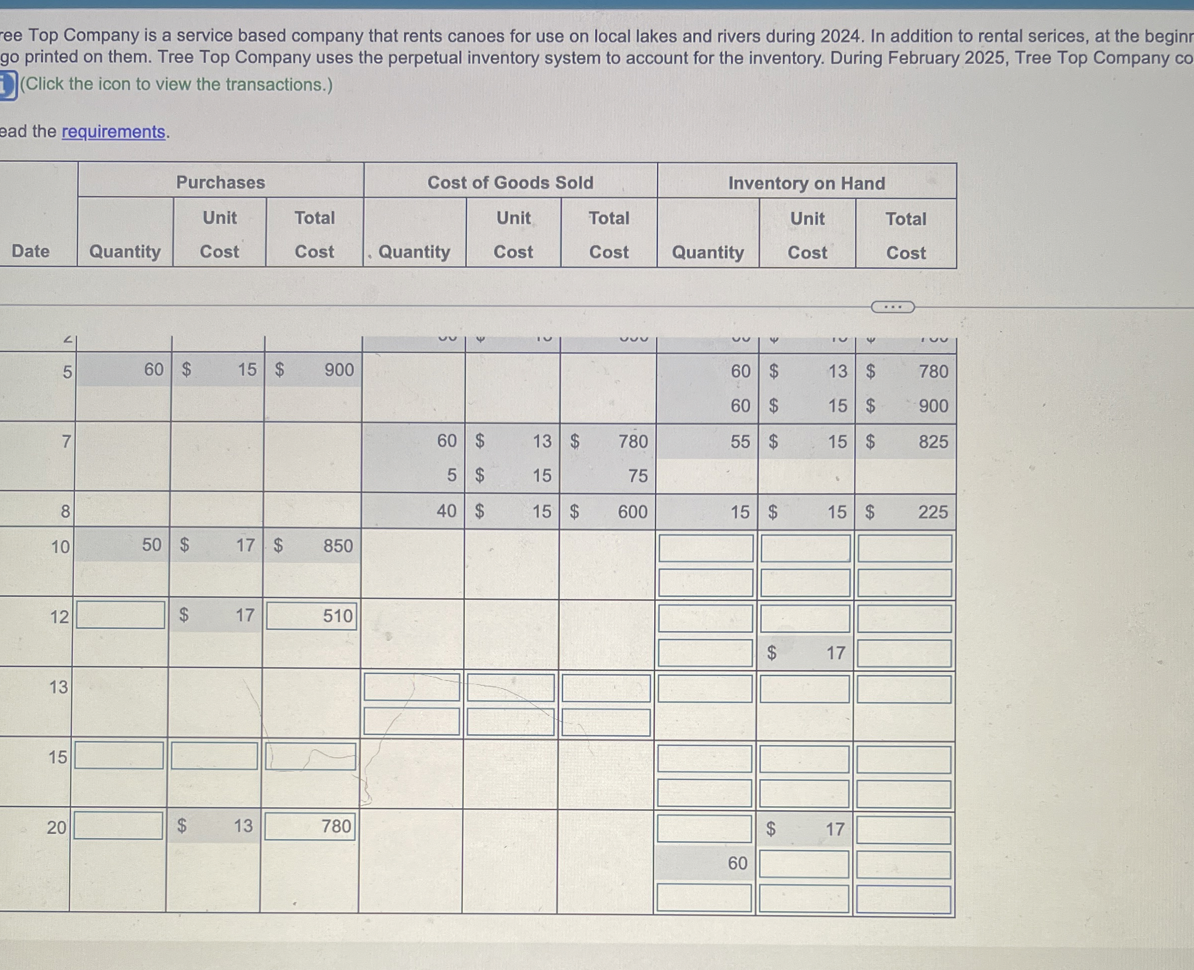  (Click the icon to view the transactions.) Read the requirements. \table[[Date,Purchases,Cost