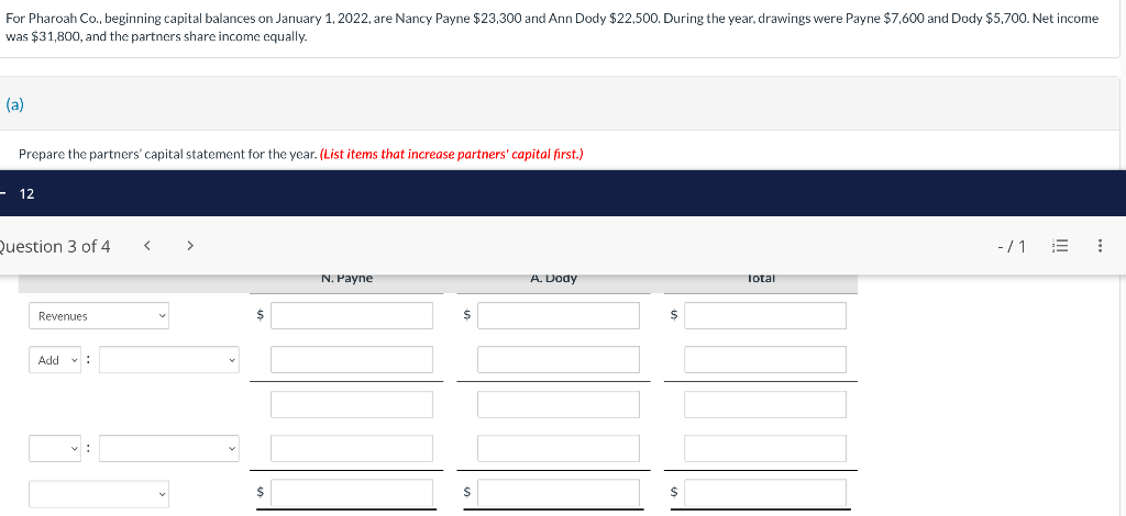 For Pharoah co beginning capital balances on January I. 2022, are Nancy