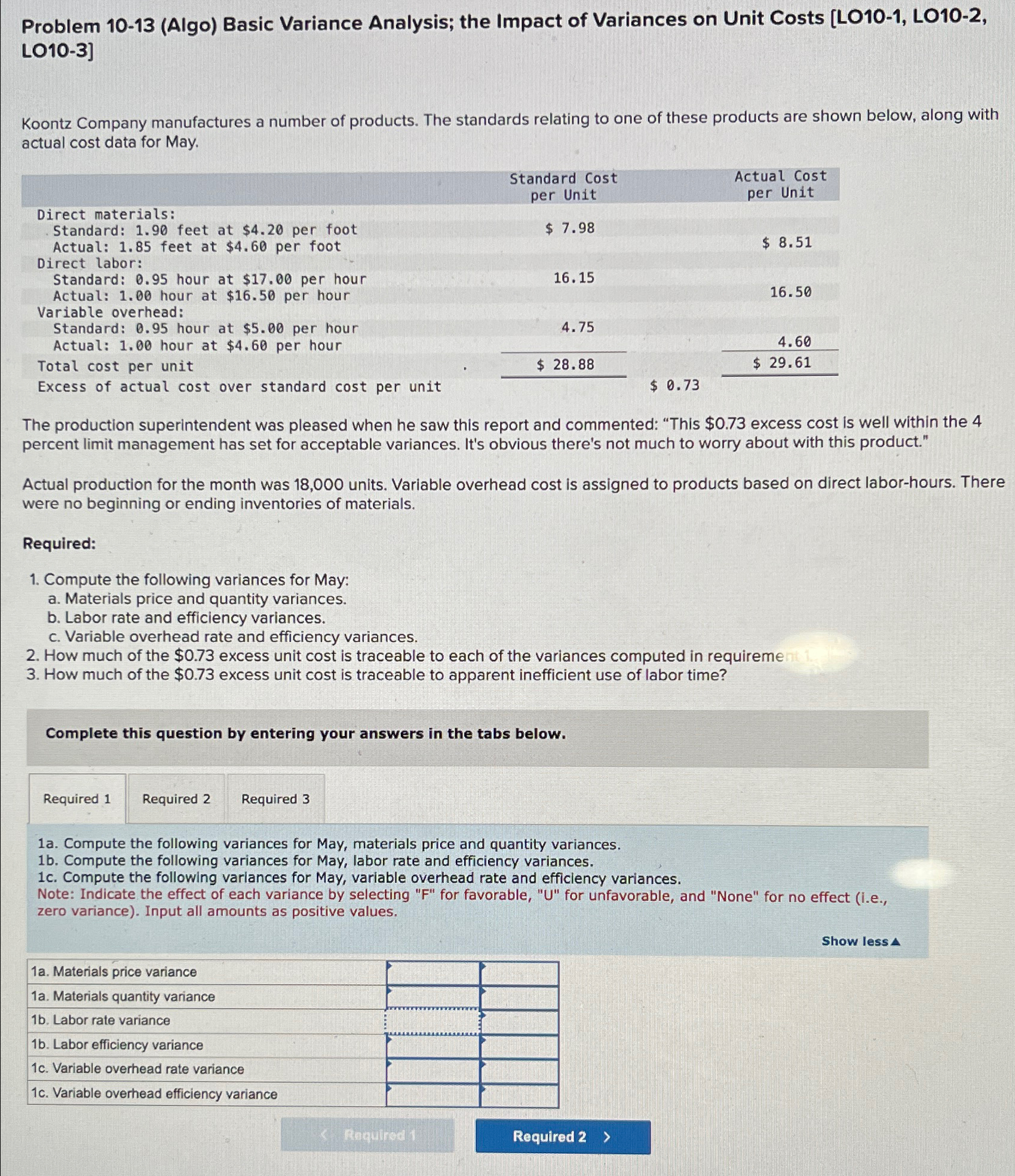  Problem 10-13(Algo) Basic Variance Analysis; the Impact of Variances on Unit