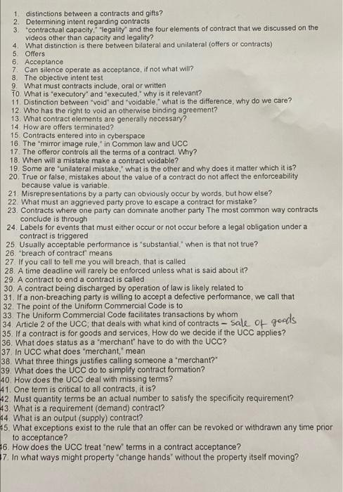  1. distinctions between a contracts and gifts? 2. Determining intent regarding