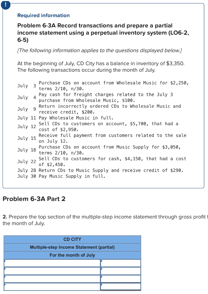  ! Required information Problem 6-3A Record transactions and prepare a partial