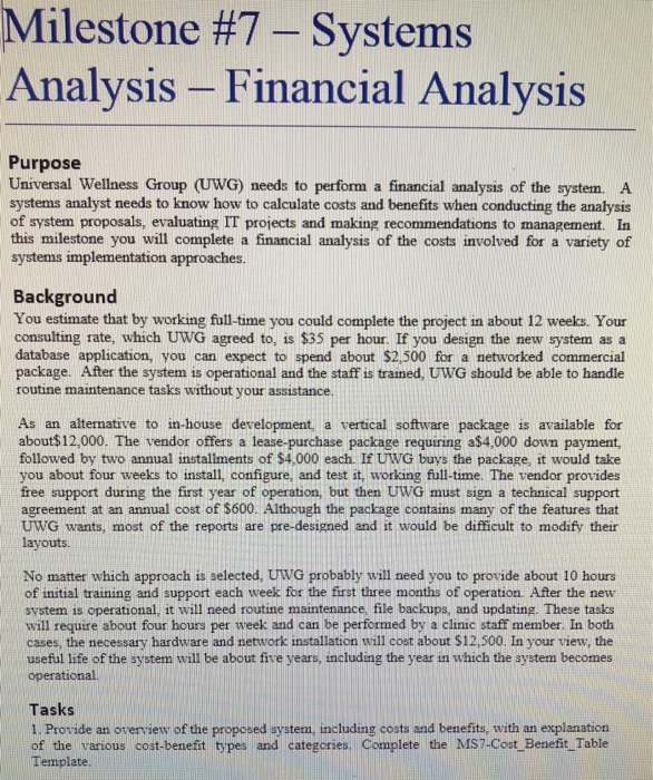  ms7 template Milestone #7-Systems Analysis - Financial Analysis Purpose Universal Wellness
