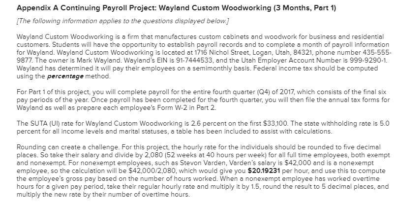  Appendix A Continuing Payroll Project: Wayland Custom Woodworking (3 Months, Part