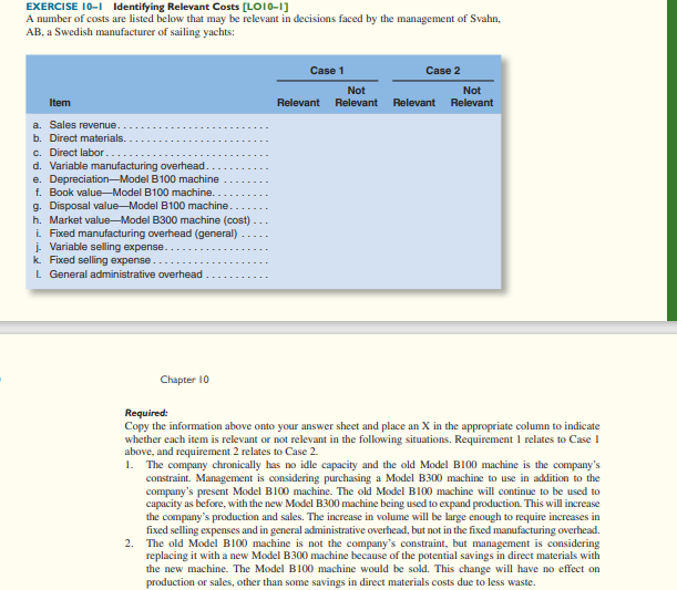  EXERCISE 10-1 Identifying Relevant Costs [LO10-1] A number of costs are