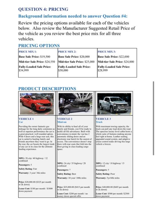 the pricing options available for each of the vehicles below. Also review