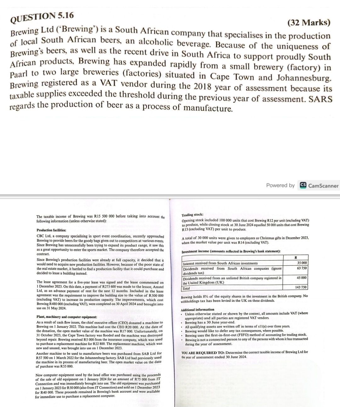  QUESTION 5.16 (32 Marks) Brewing Ltd ('Brewing') is a South African
