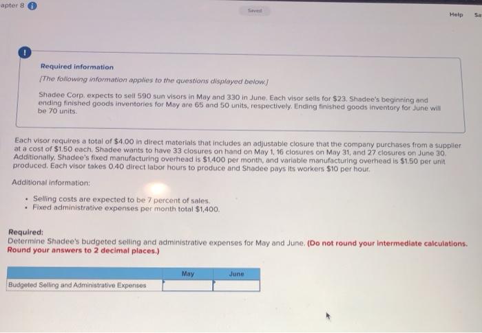 finished goods inventories for May are 65 and 50 units, respectively, Ending