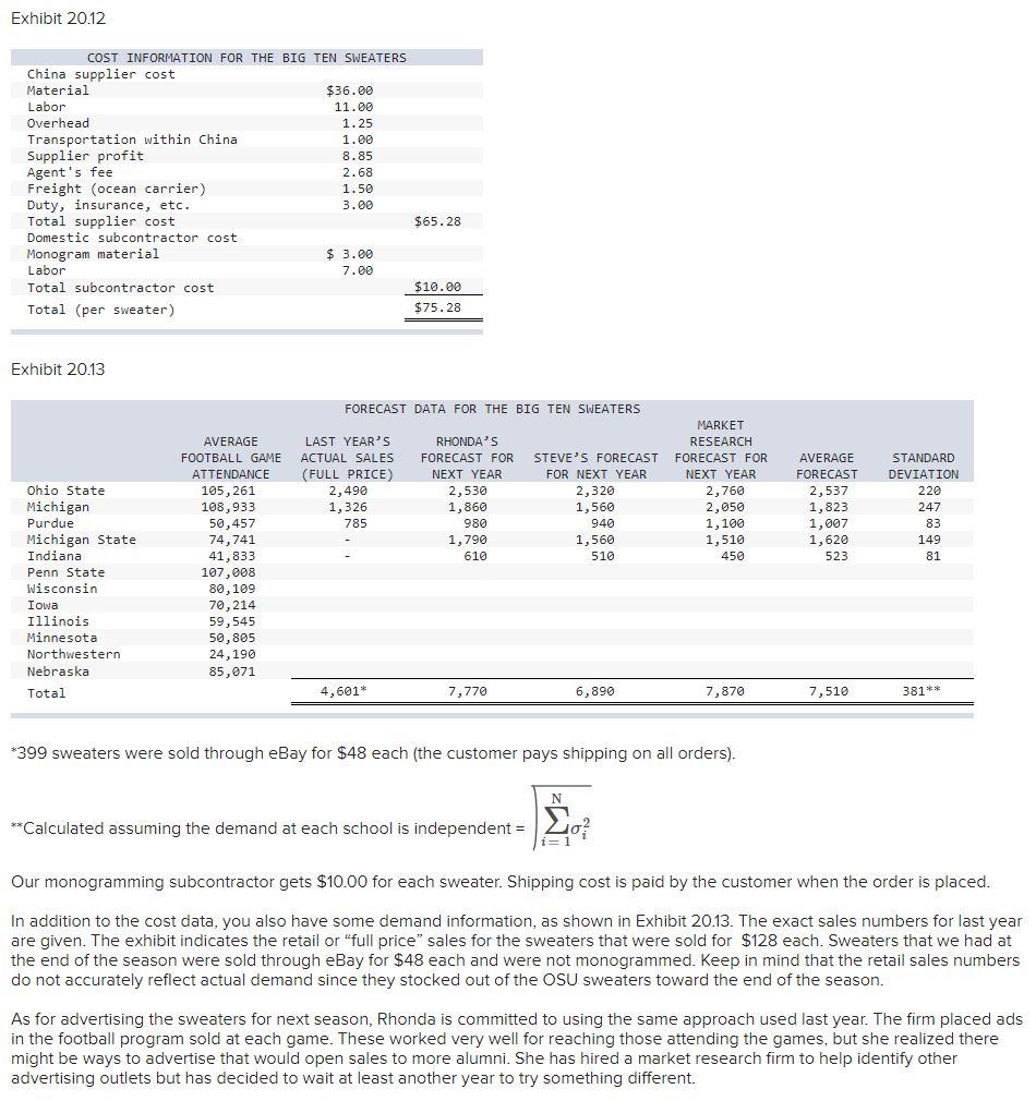 thank you so much in advance. Analytics Exercise 20-3 (Algo) Big10Sweaters.com is
