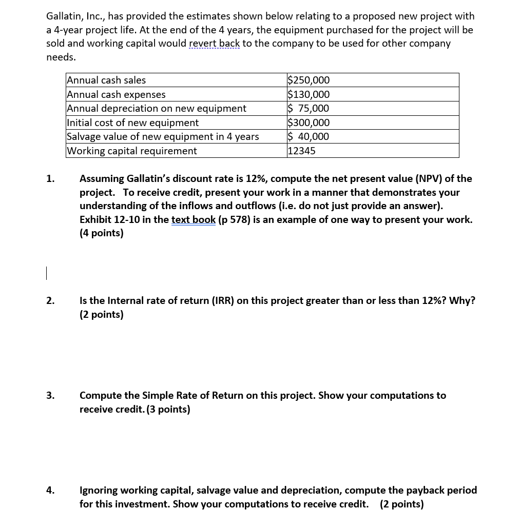 example from the book: 12-10: Gallatin, Inc., has provided the estimates