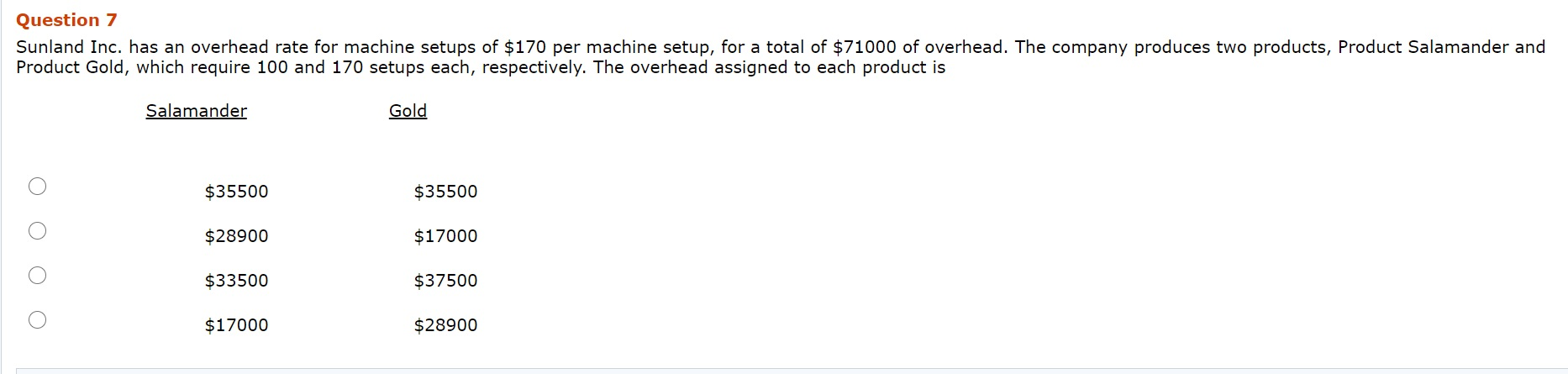  Question 7 Sunland Inc. has an overhead rate for machine setups