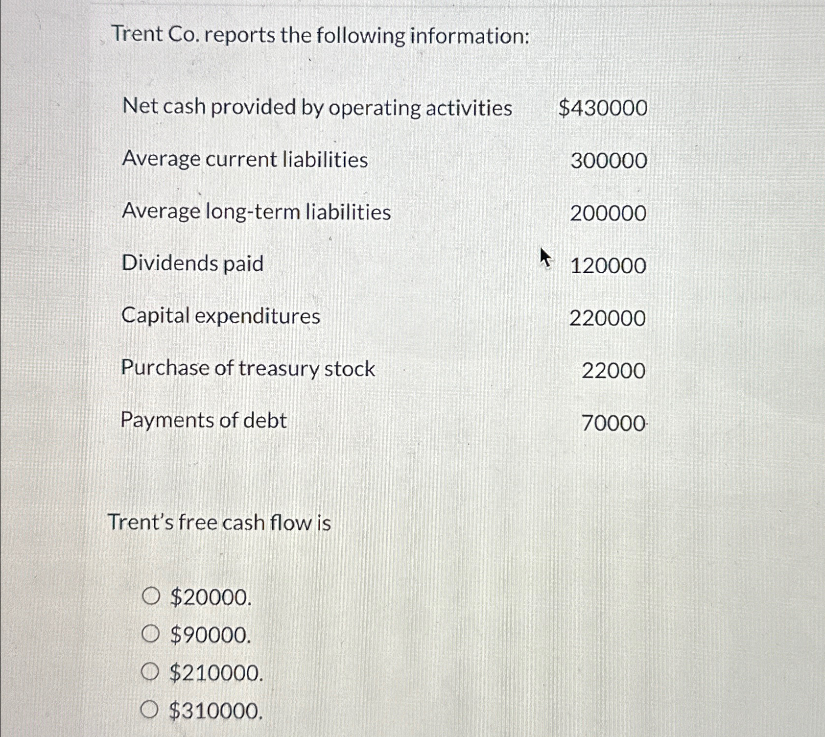  Trent Co. reports the following information: \table[[Net cash provided by operating
