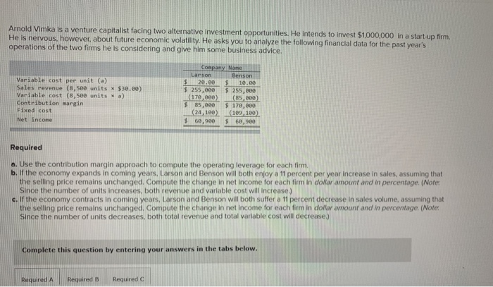  Arnold Vimka is a venture capitalist facing two alternative Investment opportunities.