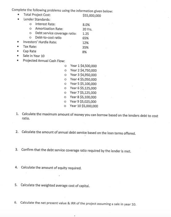  Complete the following problems using the information given below: Total Project