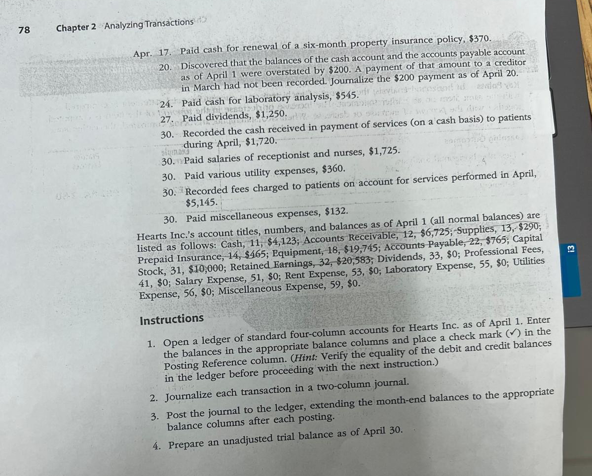 78 Chapter 2 Analyzing Transactions Apr. 17. Paid cash for renewal