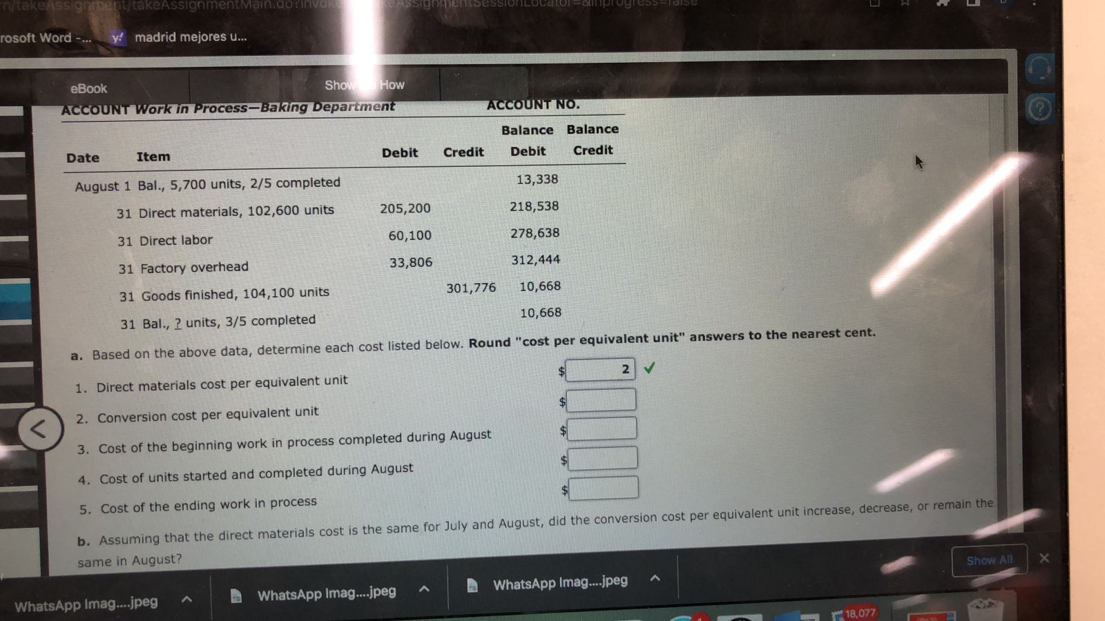 Accounting Homework please help :) b. Assuming that the direct materials cost