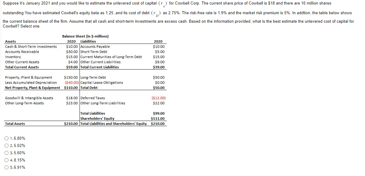 Suppose it's January 2021 and you would like to estimate the unlevered