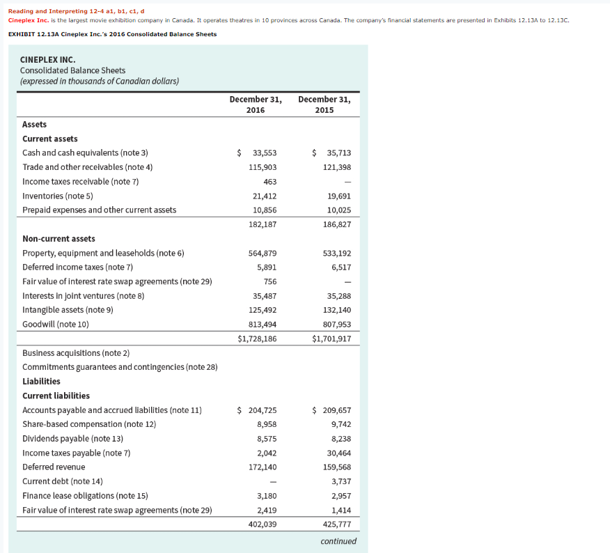 Reading and Interpreting 12-4 a1, bi, ci, d Cineplex Inc. is