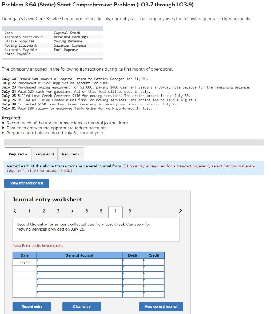 Donegan for $1,500. July 22 Purchased office supplies on account for $100.