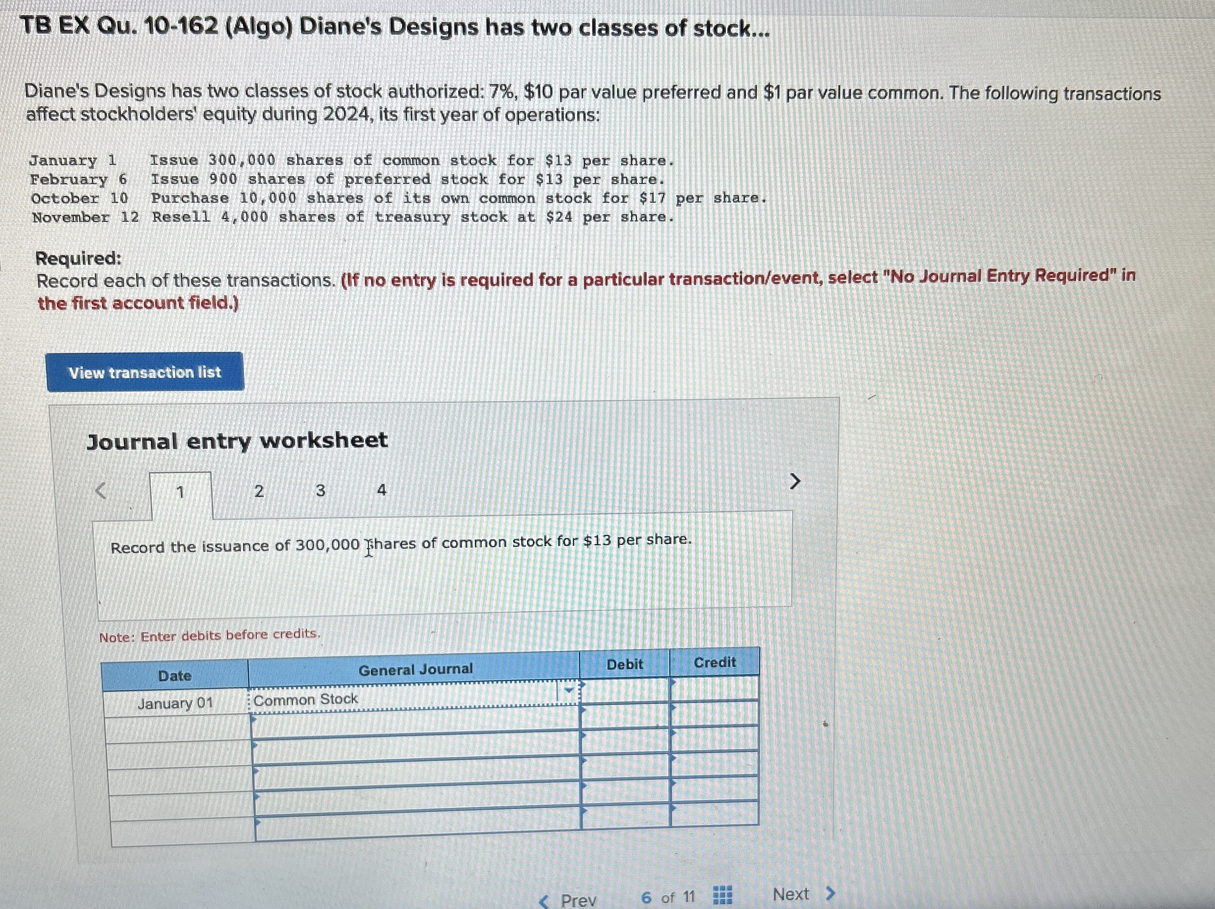  TB EX Qu.10-162(Algo) Diane's Designs has two classes of stock... Diane's