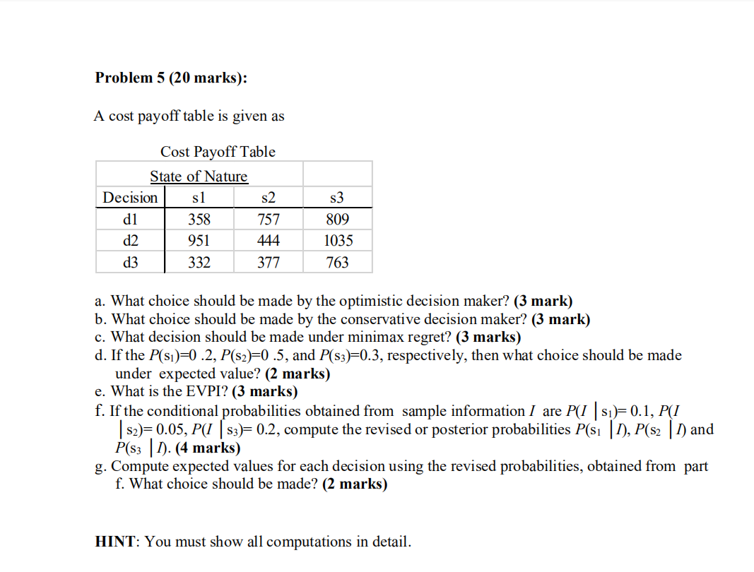  Problem 5 (20 marks): A cost payoff table is given as