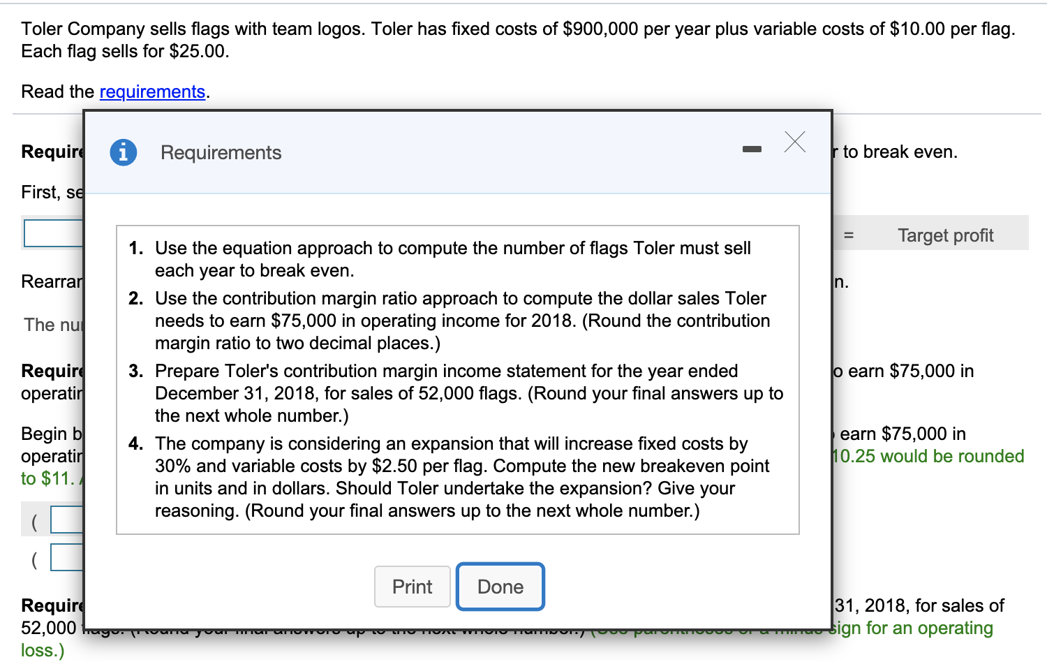  Toler Company sells flags with team logos. Toler has fixed costs