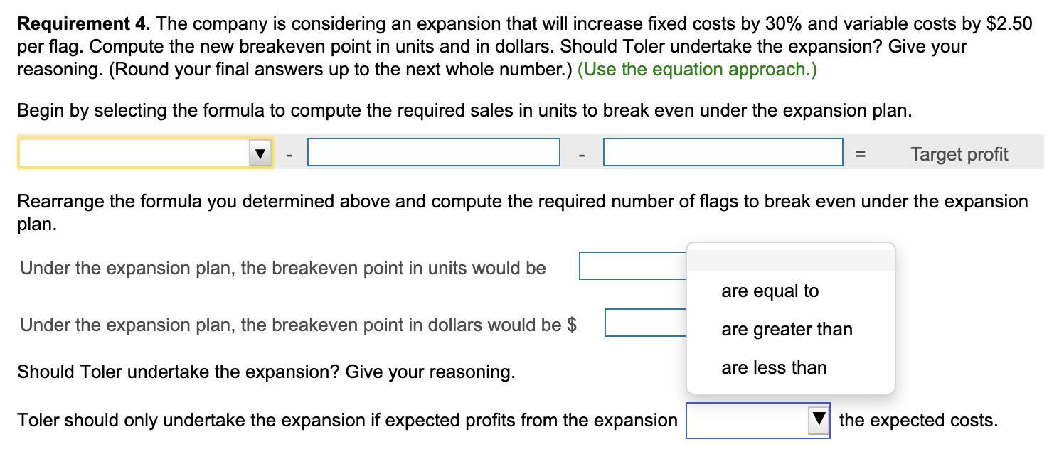 to two decimal places.) 3. Prepare Toler's contribution margin income statement for