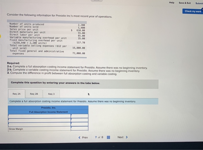  Help Save & Exit Submit Check my work Consider the following