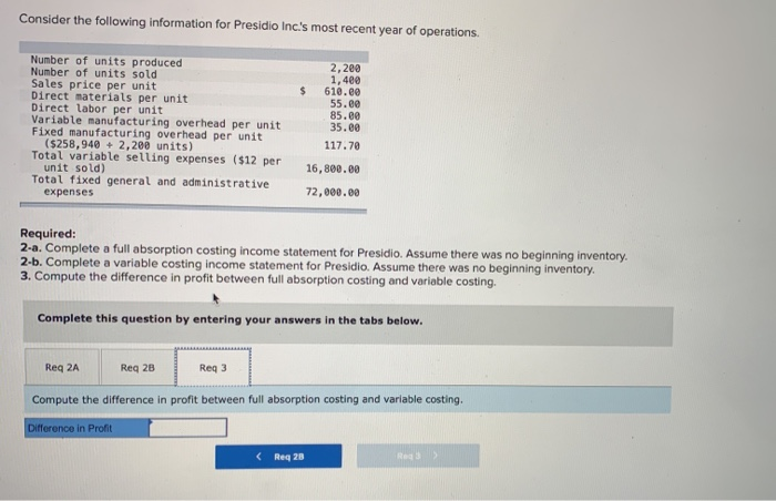 units produced Number of units sold Sales price per unit Direct materials