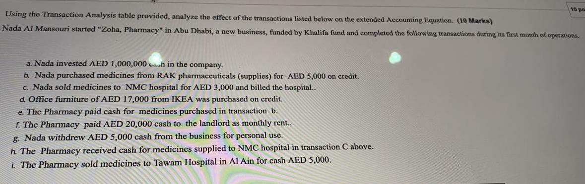 10 po Using the Transaction Analysis table provided, analyze the effect