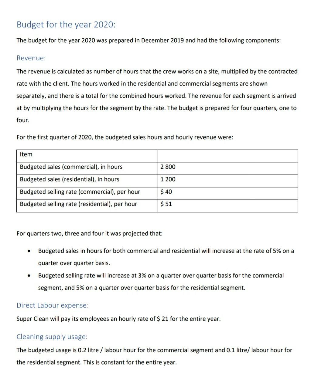 will transcribe the data from the case and create: . Static budget