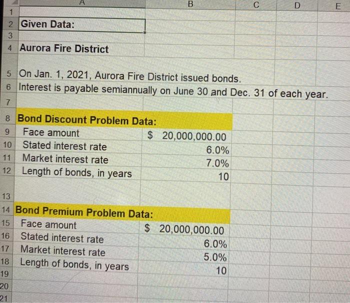  use given data to fill out bond discount and bond premium,