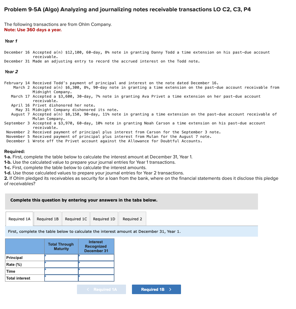  Problem 9-5A (Algo) Analyzing and journalizing notes receivable transactions LO C2,