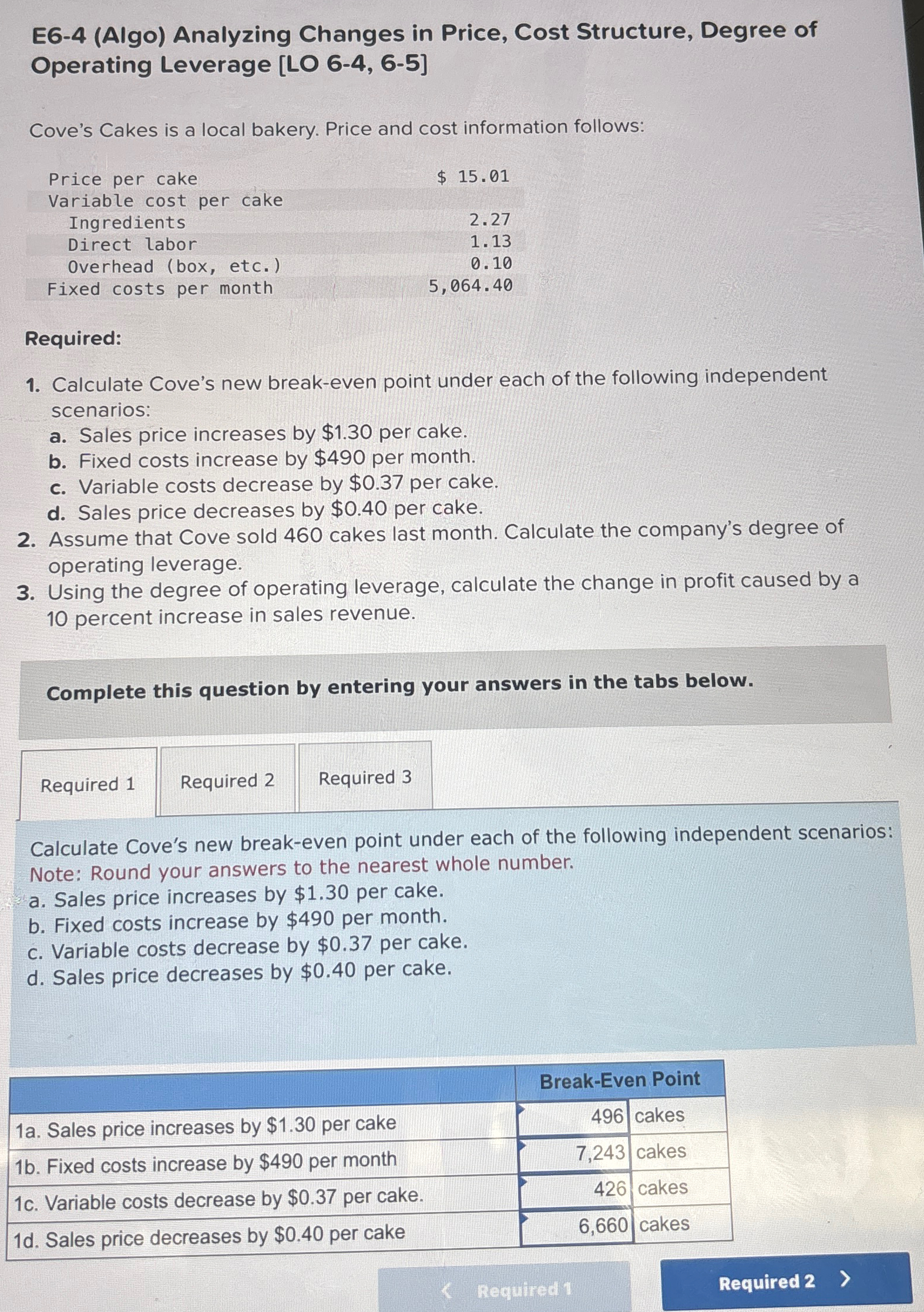  E6-4(Algo) Analyzing Changes in Price, Cost Structure, Degree of Operating Leverage
