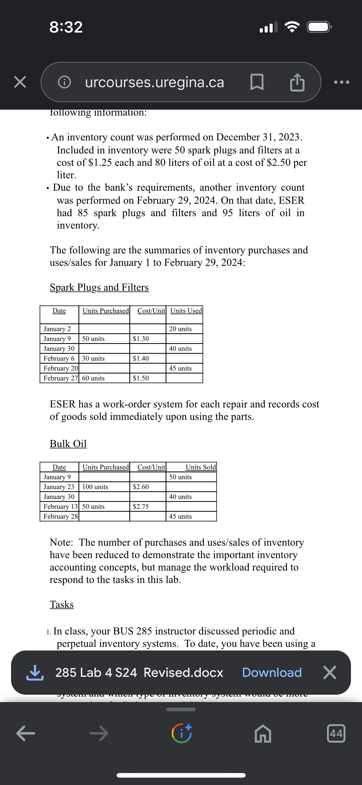  8:32 (i) urcourses.uregina.ca following information: An inventory count was performed on