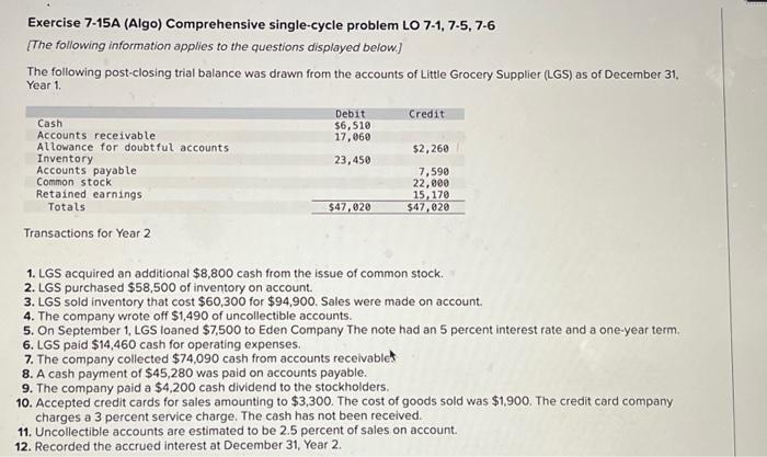  Exercise 7-15A (Algo) Comprehensive single-cycle problem LO 7-1, 7-5, 7.6 [The