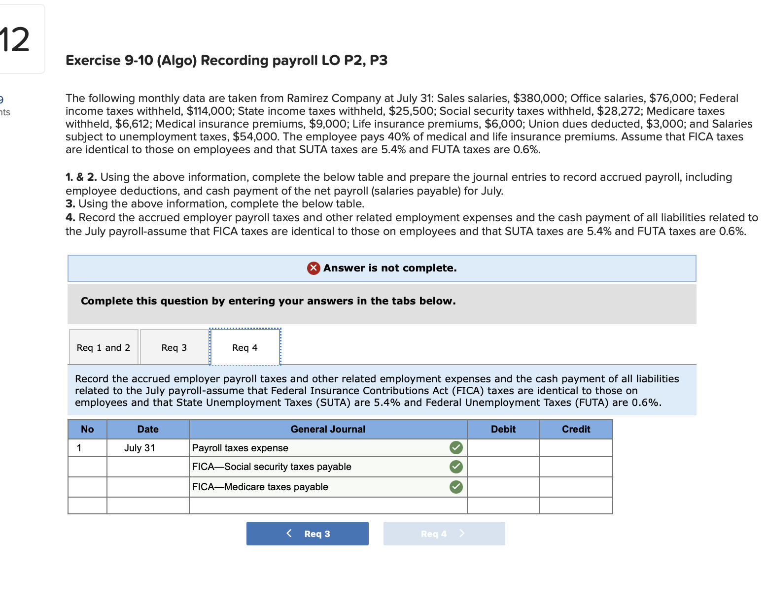 Exercise 9-10(Algo) Recording payroll LO P2, P3 The following monthly data