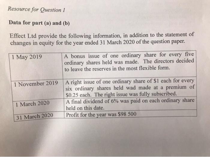  Resource for Question 1 Data for part (a) and (b) Effect
