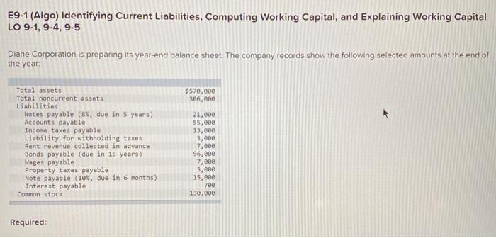  E9-1 (Algo) Identifying Current Liabilities, Computing Working Capital, and explaining Working