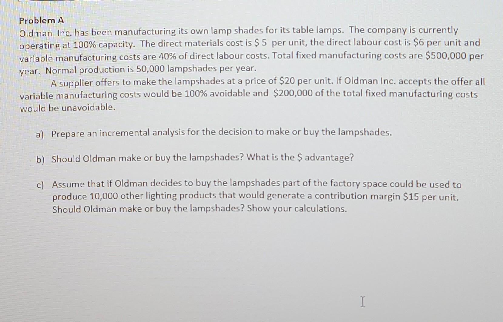 Problem A Oldman Inc. has been manufacturing its own lamp shades