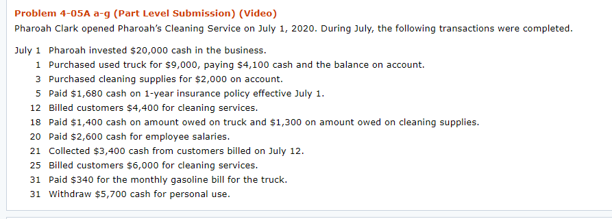  Problem 4-05A a-g (Part Level Submission) (Video) Pharoah Clark opened Pharoah's