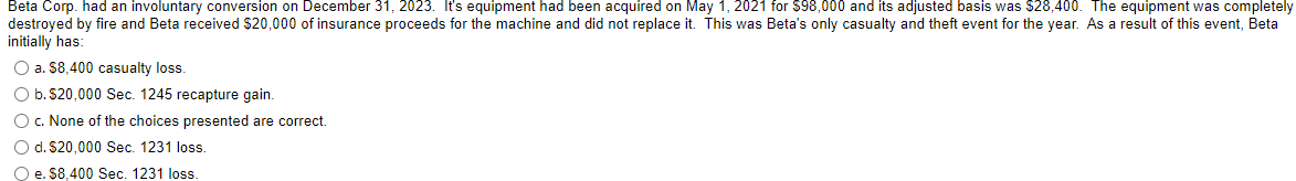  Beta Corp. had an involuntary conversion on December 31,2023. It's equipment