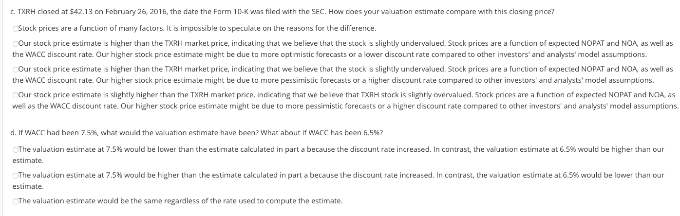 NOPAT, and NOA for Texas Roadhouse for 2016 through 2019. a. Forecast