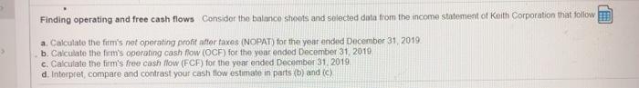  Finding operating and free cash flows Consider the balance sheets and