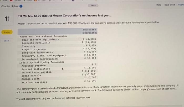  Chapter 13 Quiz Help TB MC Qu. 13-99 (Static) Megan Corporation's