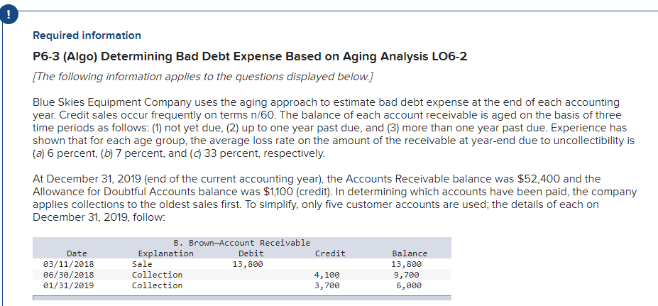  Required information P6-3 (Algo) Determining Bad Debt Expense Based on Aging