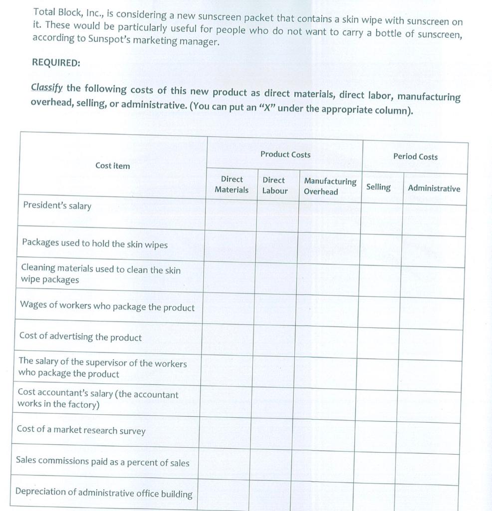 Total Block, Inc., is considering a new sunscreen packet that contains
