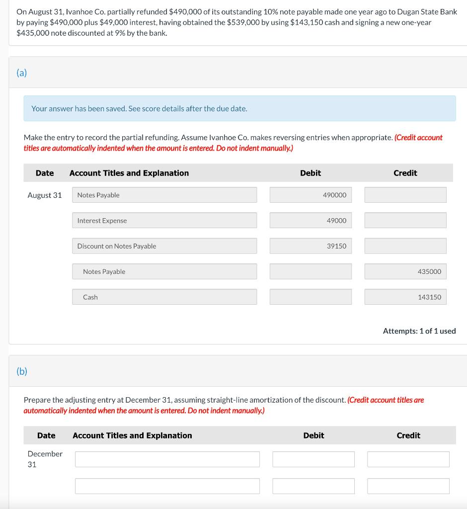 please help with section B On August 31, Ivanhoe Co. partially