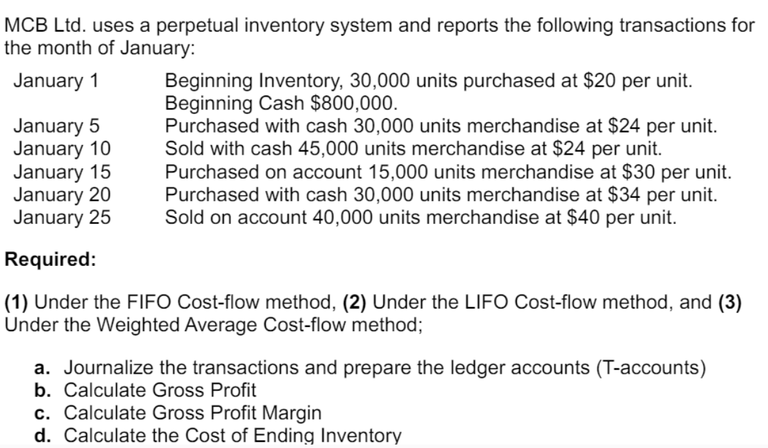  MCB Ltd. uses a perpetual inventory system and reports the following